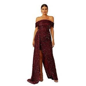 Miss Ord Off Shoulder Sequin BURGUNDY PROM Maxi Dress Long slit Party Gown XL